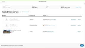 "Send transcripts" page. There are three recipients. Two are non-colleges. One has a caution icon with encouragement to add an email address or mark as sent 